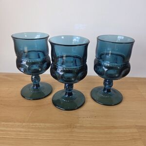 3 Imperial Blue Kings Crown Glass Goblets Thumbprint Indiana Glass